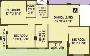 Floor plan of 3 BHK 1100 Sq. Ft. Apartment in Shrestha Garden Phase 4, Kolkata