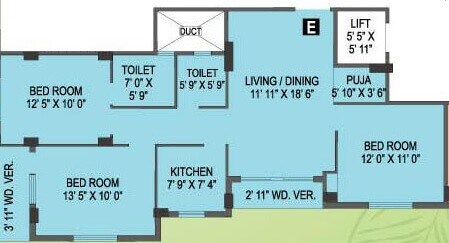 Floor plan of 3 BHK 1387 Sq. Ft. Apartment in Shrestha Garden Phase 4, Kolkata