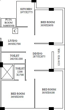 Floor plan of 3 BHK 1121 Sq. Ft. Apartment in Shrestha Garden Phase III, Kolkata