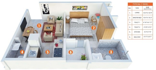 Floor plan of 1 BHK 427 Sq. Ft. Apartment in Shriram Grand One, Kolkata