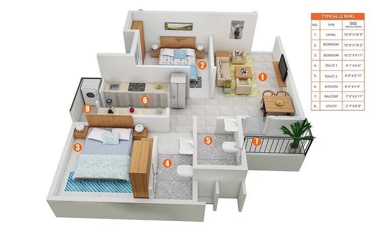 Floor plan of 2 BHK 827 Sq. Ft. Apartment in Shriram Grand One, Kolkata