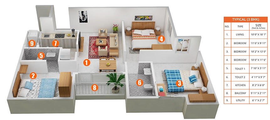 Floor plan of 3 BHK 1121 Sq. Ft. Apartment in Shriram Grand One, Kolkata