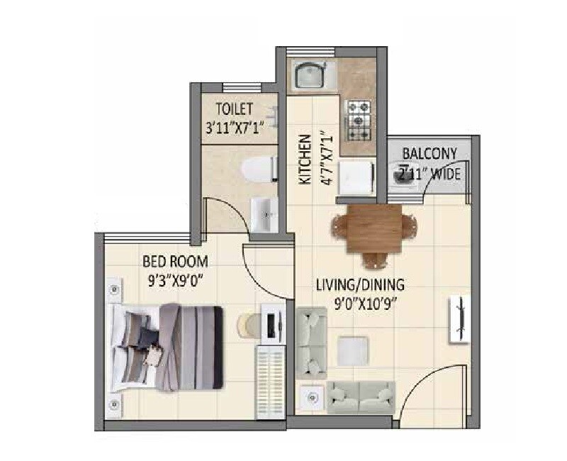 Floor plan of 1 BHK 425 Sq. Ft. Apartment in Shriram Sunshine One, Kolkata