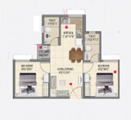 Floor plan of 2 BHK 630 Sq. Ft. Apartment in Shriram Sunshine One, Kolkata
