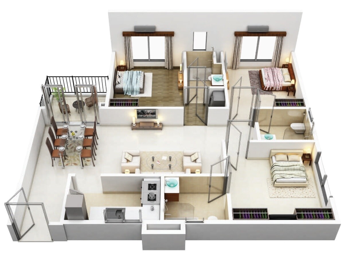 Floor plan of 3 BHK 1370 Sq. Ft. Apartment in Siddha Galaxia 2, Kolkata