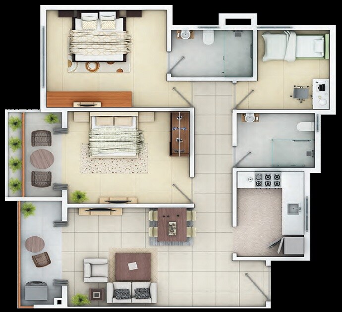 Floor plan of 2 BHK 1125 Sq. Ft. Apartment in Siddha Happyville, Kolkata