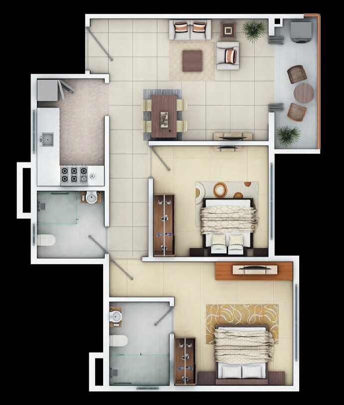 Floor plan of 2 BHK 908 Sq. Ft. Apartment in Siddha Happyville, Kolkata