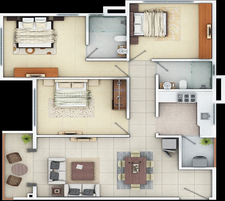 Floor plan of 3 BHK 1265 Sq. Ft. Apartment in Siddha Happyville, Kolkata