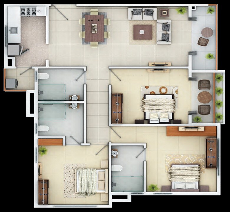 Floor plan of 3 BHK 1310 Sq. Ft. Apartment in Siddha Happyville, Kolkata