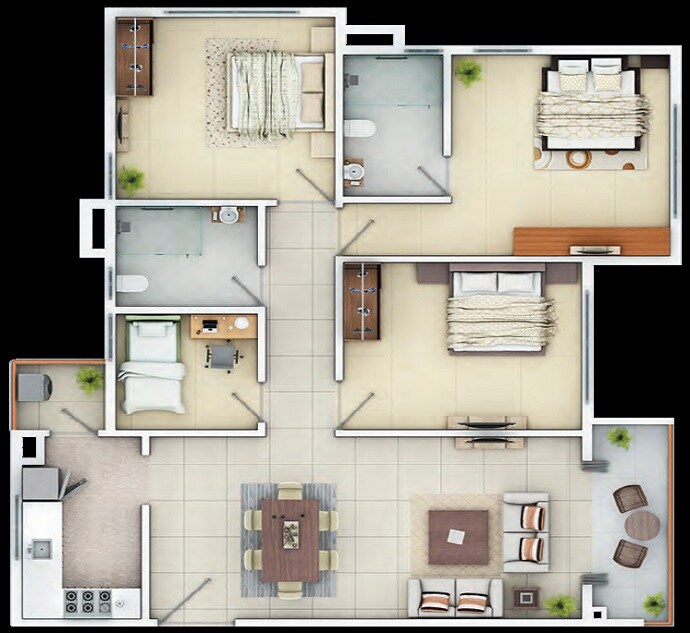 Floor plan of 3 BHK 1445 Sq. Ft. Apartment in Siddha Happyville, Kolkata