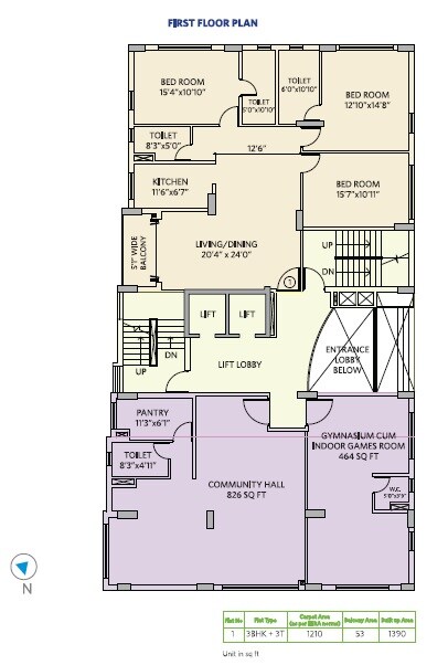 Floor plan of 3 BHK 1390 Sq. Ft. Apartment in Siddha Nirvana, Kolkata
