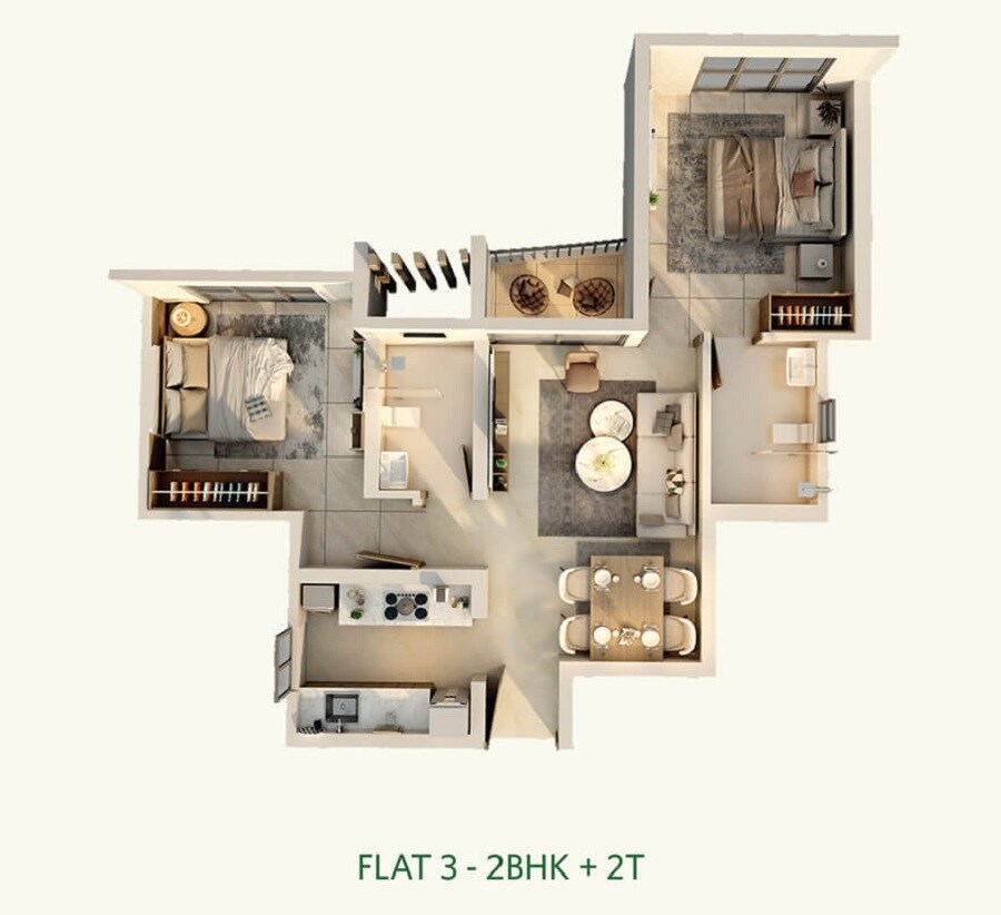 Floor plan of 2 BHK 586 Sq. Ft. Apartment in Siddha Serena, Kolkata