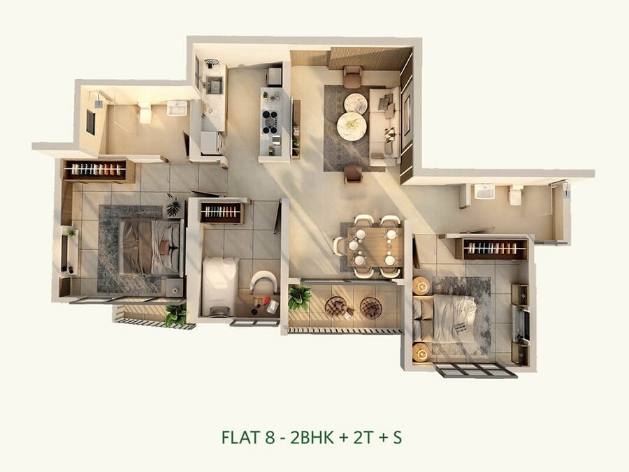 Floor plan of 2 BHK 787 Sq. Ft. Apartment in Siddha Serena, Kolkata