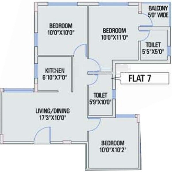 Floor plan of 3 BHK 1010 Sq. Ft. Apartment in Siddha Town, Kolkata