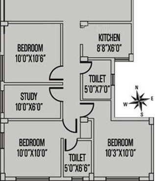 Floor plan of 3 BHK 1335 Sq. Ft. Apartment in Siddha Town, Kolkata