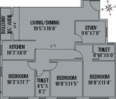 Floor plan of 3 BHK 1385 Sq. Ft. Apartment in Siddha Town, Kolkata