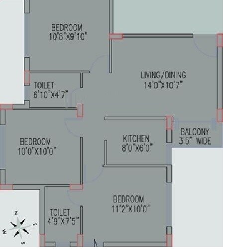 Floor plan of 3 BHK 975 Sq. Ft. Apartment in Siddha Town, Kolkata