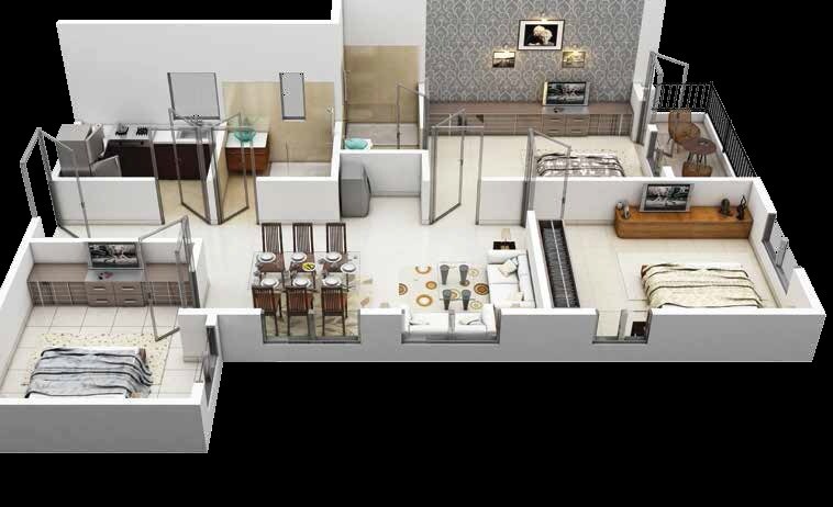 Floor plan of 3 BHK 1305 Sq. Ft. Apartment in Siddha Town Madhyamgram, Kolkata