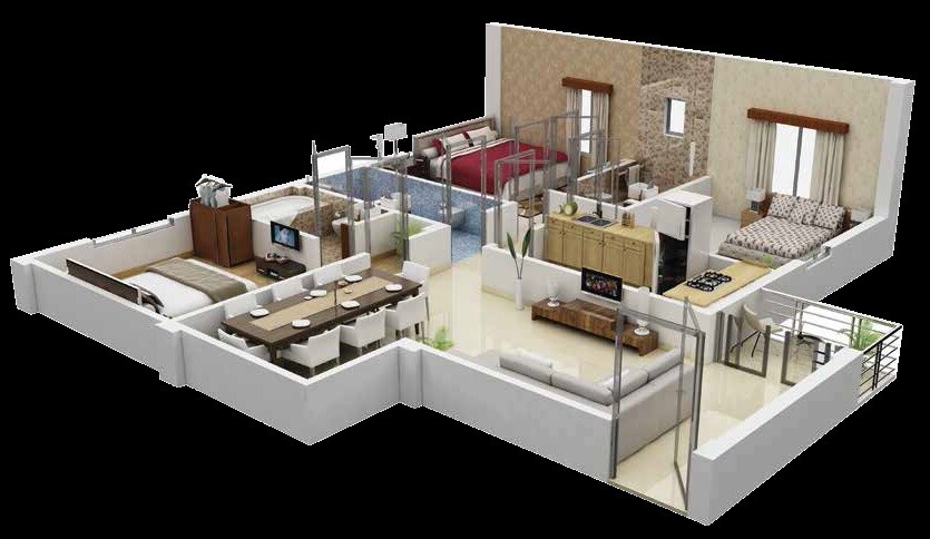 Floor plan of 3 BHK 1485 Sq. Ft. Apartment in Siddha Town Madhyamgram, Kolkata