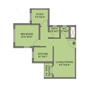 Floor plan of 1 BHK 640 Sq. Ft. Apartment in Siddha Water Front, Kolkata