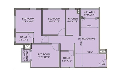 Floor plan of 3 BHK 1170 Sq. Ft. Apartment in Siddha Water Front, Kolkata