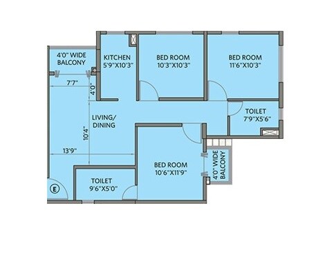 Floor plan of 3 BHK 1240 Sq. Ft. Apartment in Siddha Water Front, Kolkata