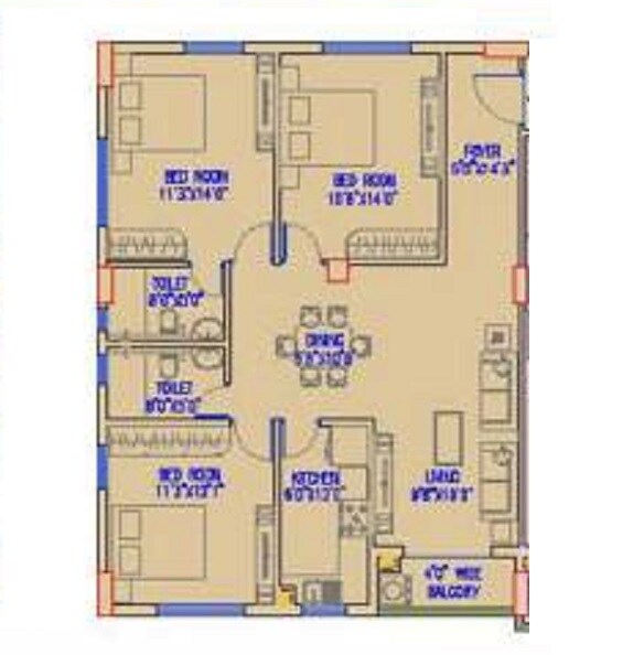Floor plan of 3 BHK 1428 Sq. Ft. Apartment in Signum Cloud 9, Kolkata
