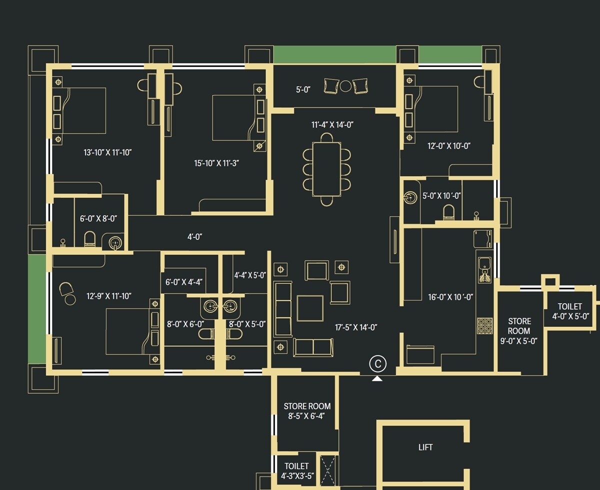 Floor plan of 4 BHK 1865 Sq. Ft. Apartment in Signum Niva, Kolkata