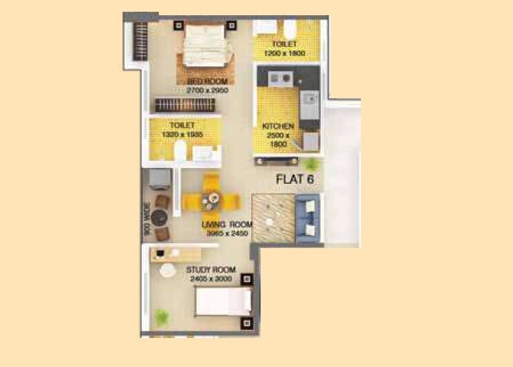 Floor plan of 2 BHK 596 Sq. Ft. Apartment in Signum Parkwood Estate, Kolkata