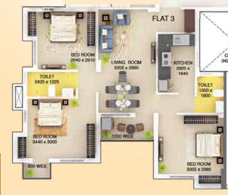 Floor plan of 3 BHK 1066 Sq. Ft. Apartment in Signum Parkwood Estate, Kolkata
