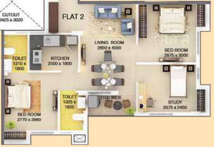 Floor plan of 3 BHK 877 Sq. Ft. Apartment in Signum Parkwood Estate, Kolkata
