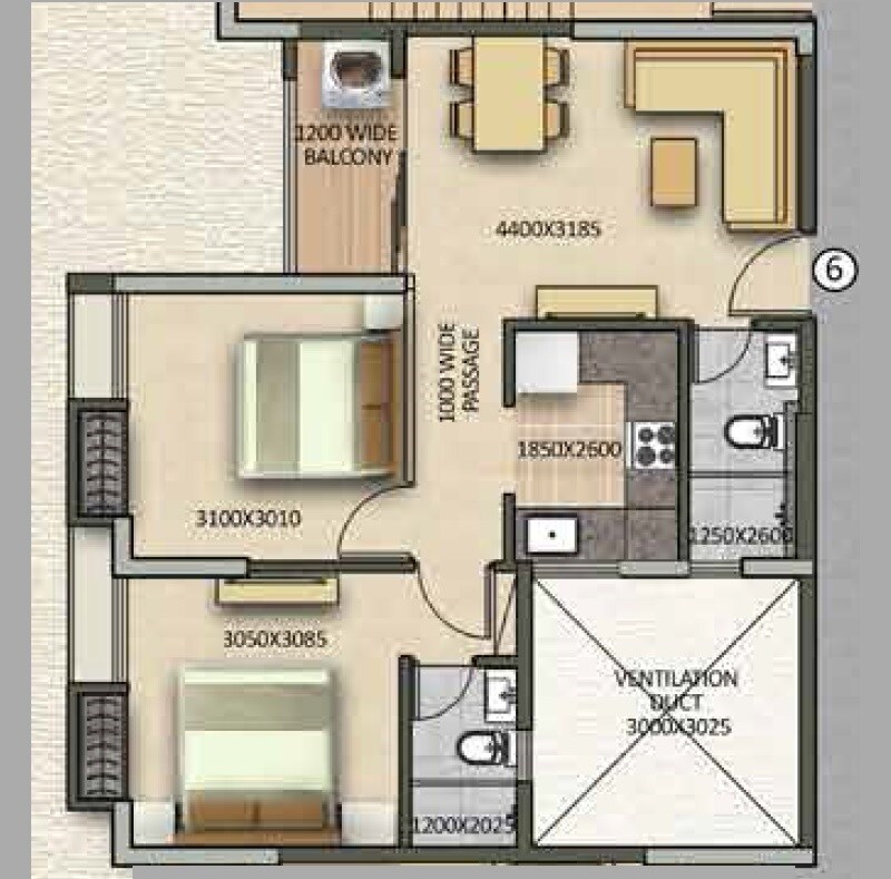 Floor plan of 2 BHK 635 Sq. Ft. Apartment in Signum Sampurna, Kolkata