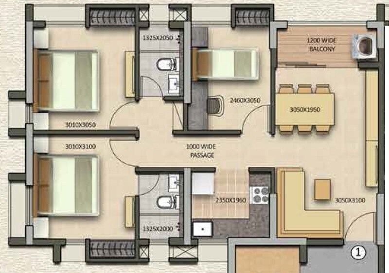 Floor plan of 3 BHK 767 Sq. Ft. Apartment in Signum Sampurna, Kolkata