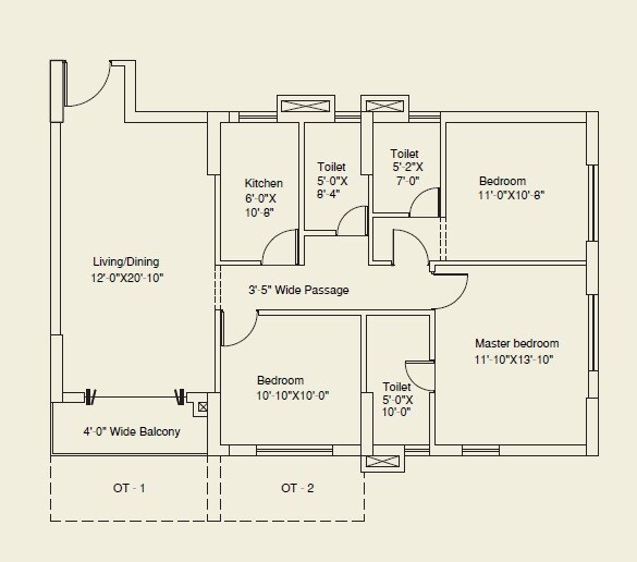 Floor plan of 3 BHK 1057 Sq. Ft. Apartment in SKDJ Signature 18, Kolkata