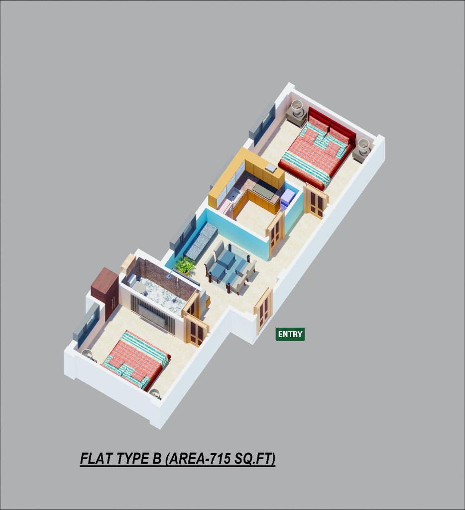 Floor plan of 2 BHK 715 Sq. Ft. Apartment in Skyare Enclave II, Kolkata