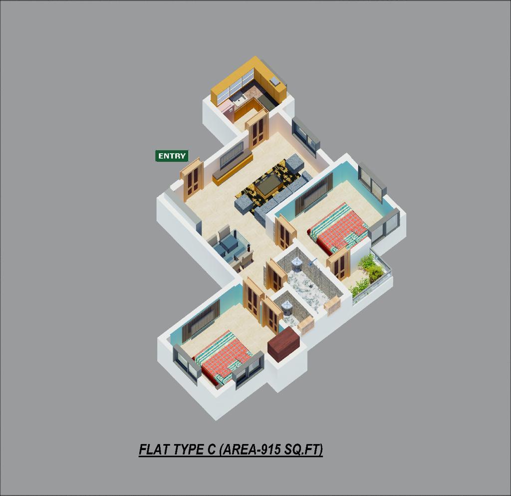 Floor plan of 2 BHK 915 Sq. Ft. Apartment in Skyare Enclave II, Kolkata