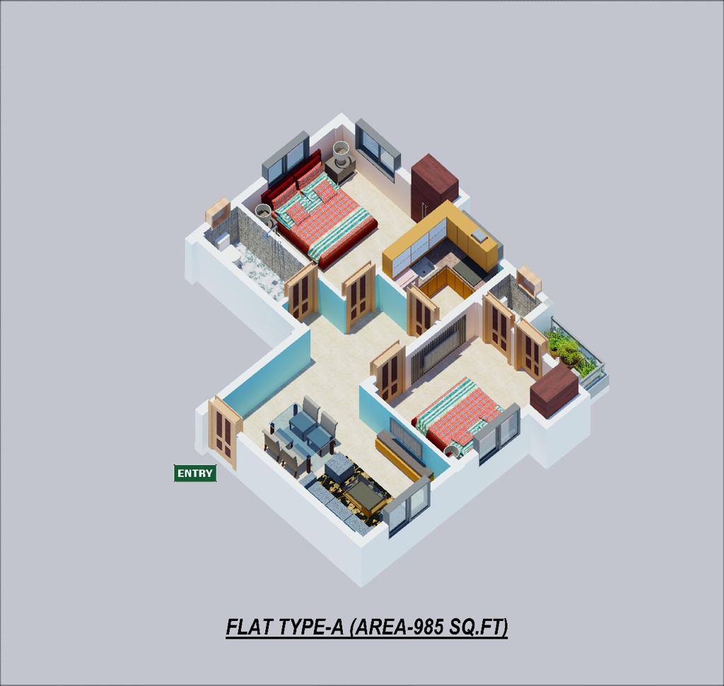 Floor plan of 2 BHK 985 Sq. Ft. Apartment in Skyare Enclave II, Kolkata