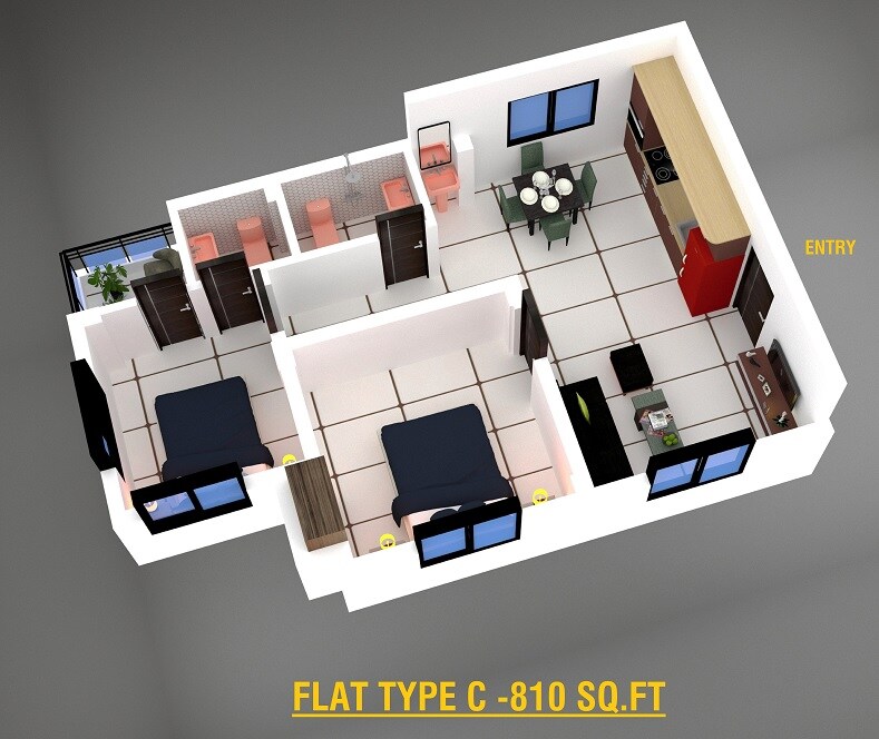Floor plan of 2 BHK 810 Sq. Ft. Apartment in Skyare Maruti Skyare Enclave, Kolkata