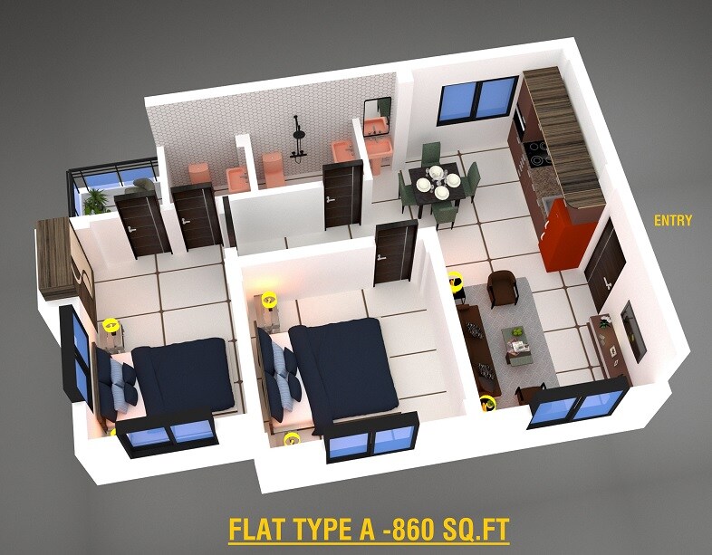 Floor plan of 2 BHK 860 Sq. Ft. Apartment in Skyare Maruti Skyare Enclave, Kolkata