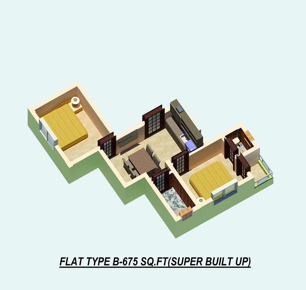 Floor plan of 2 BHK 675 Sq. Ft. Apartment in Skyare Pearl, Kolkata