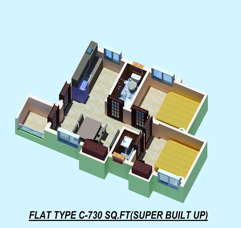 Floor plan of 2 BHK 730 Sq. Ft. Apartment in Skyare Pearl, Kolkata