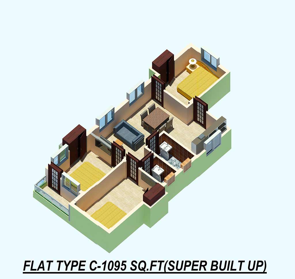 Floor plan of 3 BHK 1095 Sq. Ft. Apartment in Skyare Pearl, Kolkata
