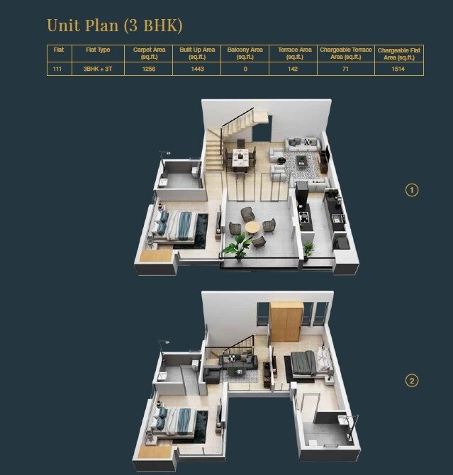 Floor plan of 3 BHK 1256 Sq. Ft. Villament in Soham The Levelz, Kolkata