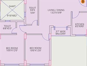 Floor plan of 2 BHK 910 Sq. Ft. Apartment in Space Club Town Courtyard, Kolkata