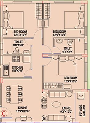 Floor plan of 3 BHK 1298 Sq. Ft. Apartment in Space Club Town Gardens, Kolkata