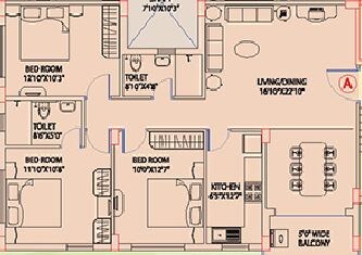 Floor plan of 3 BHK 1364 Sq. Ft. Apartment in Space Club Town Gardens, Kolkata