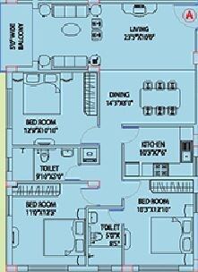 Floor plan of 3 BHK 1436 Sq. Ft. Apartment in Space Club Town Gardens, Kolkata