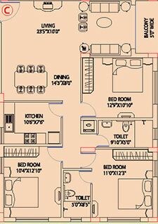 Floor plan of 3 BHK 1440 Sq. Ft. Apartment in Space Club Town Gardens, Kolkata