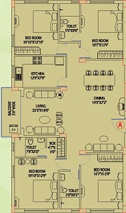Floor plan of 4 BHK 1943 Sq. Ft. Apartment in Space Club Town Gardens, Kolkata
