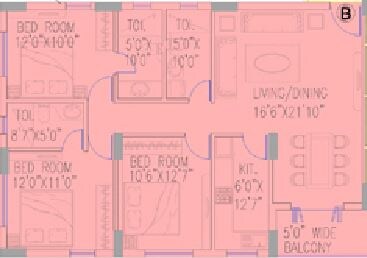Floor plan of 3 BHK 1523 Sq. Ft. Apartment in Space Club Town Heights, Kolkata
